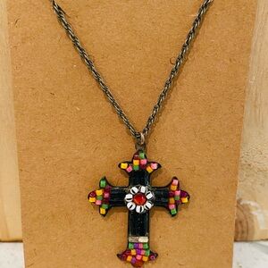 Ayalabar Colorful Mosaic Cross Pendant Necklace